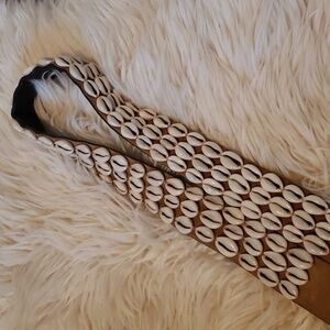 Bohemian puka shell on brown tanned leather tie belt size large 38" before tie